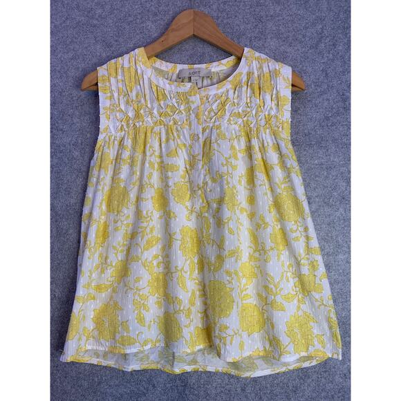 Loft Yellow Floral Pleated Yoke Mixed Media Top, Sleeveless, Women’s Size Small - Picture 5 of 12